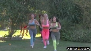 Huge boobs pornstars chasing that big D after a jog